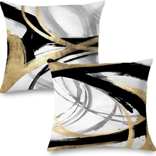 1 Black White and Gold Pillow Covers, Abstract Black and Gold Pillow Covers 18x18 Set of 2, Modern Boho Home Decor, Black and Gold Decorative Throw Pillows Cover for Couch Living Room Bedroom