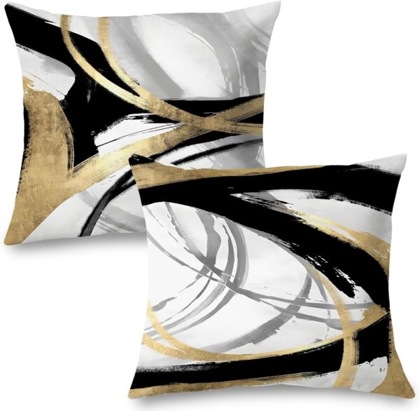 Black White and Gold Pillow Covers, Abstract Black and Gold Pillow Covers 18x18 Set of 2, Modern Boho Home Decor, Black and Gold Decorative Throw Pillows Cover for Couch Living Room Bedroom 1