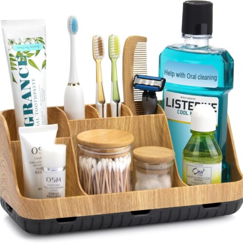 Bathroom Organizers and Storage - Detachable 7 Slots Kids Electric Toothbrush and Toothpaste Holde Drainage for Bathroom Accessories Organization Counter Vanity Storage, Wood
