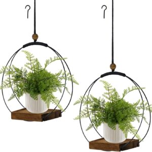 2 Pack Hanging Planter for Indoor Plants, Black Plant Hanger with Sturdy Wood Base, Modern Boho Macrame Hanger, Wall Ceiling Window Planter (Plants/Pots Not Included)