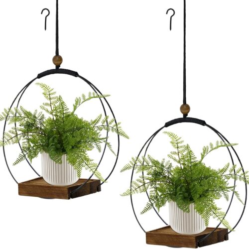 1 2 Pack Hanging Planter for Indoor Plants, Black Plant Hanger with Sturdy Wood Base, Modern Boho Macrame Hanger, Wall Ceiling Window Planter (Plants/Pots Not Included)