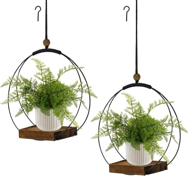 2 Pack Hanging Planter for Indoor Plants, Black Plant Hanger with Sturdy Wood Base, Modern Boho Macrame Hanger, Wall Ceiling Window Planter (Plants/Pots Not Included) 1