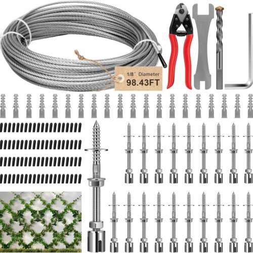 Wire Trellis Kit with 20 Adjustable Set Holders and 98.4ft Wire Rope, 316 Stainless Steel Espalier Cable Trellis Kit with Adjustable Spacing for Climbing Plants, Vines and Green Wall