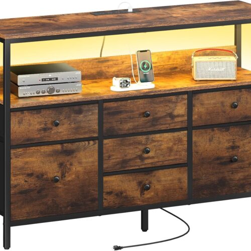 1 LED TV Stand for Bedroom, 50 Inch Kids Dresser With Power Outlets, 7 Drawers Entertainment Center With Storage Shelf, Living Room Console