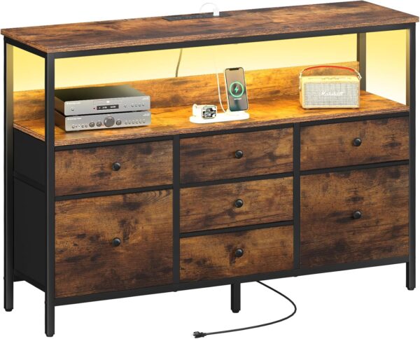 LED TV Stand for Bedroom, 50 Inch Kids Dresser With Power Outlets, 7 Drawers Entertainment Center With Storage Shelf, Living Room Console 1