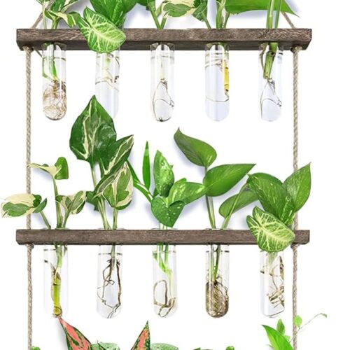 1 Wall Hanging Propagation Station with Wooden Stand 5 Glass Test Tubes 3 Tiered Planters Wall Terrarium for Home Office Plant Hanger Flower Vases Wall Decor Hydroponic Cuttings
