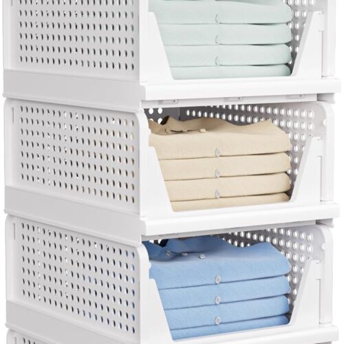 1 5 Pack Stackable Closet Storage Basket - Stackable Storage Bins, Multifunctional & Foldable Closet Organizer, Wardrobe Cupboard Space-Saving Hat Storage Drawer Organizer, White