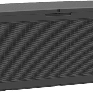 100 Gallon Deck Box Waterproof Outdoor Storage Bench Polypropylene PP Garden Tools Pool Towel Storage Bin Porch Delivery Box, Black