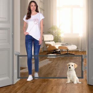 14" H Short Puppy Gate - 59" Wide Step Over Mesh Dog Gate Retractable Indoor Outdoor Expands Up to 59 Inches