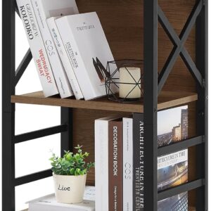 Small Bookcase,3 Tier Industrial Bookshelf with Metal Frame and Backboard,Low Rustic Brown Book Shelf,Book case for Small Spaces,Living Room,Bedroom and Home Office