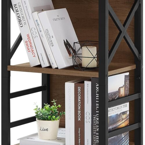 1 Small Bookcase,3 Tier Industrial Bookshelf with Metal Frame and Backboard,Low Rustic Brown Book Shelf,Book case for Small Spaces,Living Room,Bedroom and Home Office