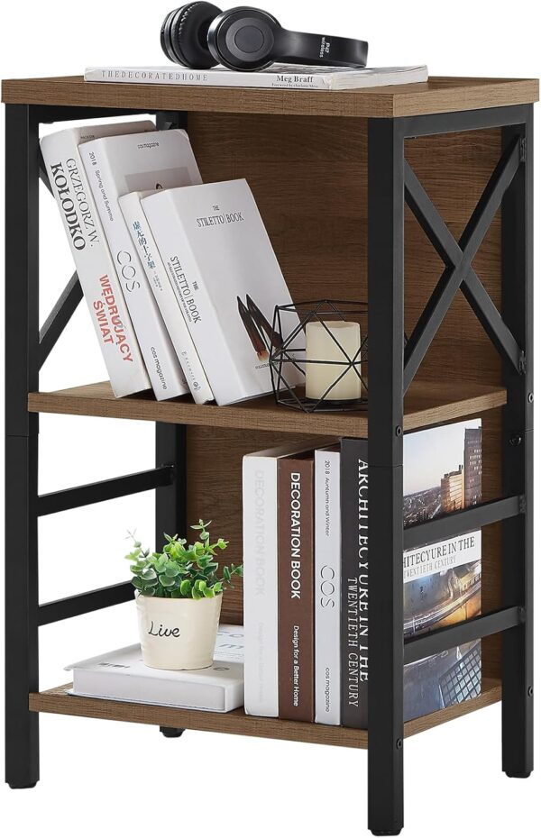 Small Bookcase,3 Tier Industrial Bookshelf with Metal Frame and Backboard,Low Rustic Brown Book Shelf,Book case for Small Spaces,Living Room,Bedroom and Home Office 1