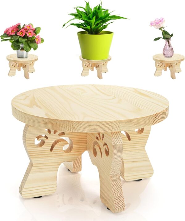 Wooden Plant Stand, Small Plant Stool with Engraved Foot, Indoor Sturdy Flower Display Pedestal Pot Rise for 5-15 Inch Pot, Decorative Flower, Living Room, Bedroom, Office 1