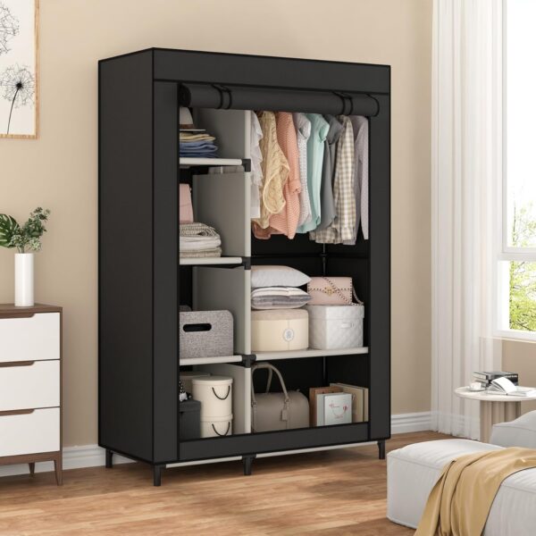 Portable Closet Organizers, Clothing Storage, Wardrobe with 6 Shelves and Hanging Rod, Non-Woven Fabric Cover with 4 Side Pockets, Black 1
