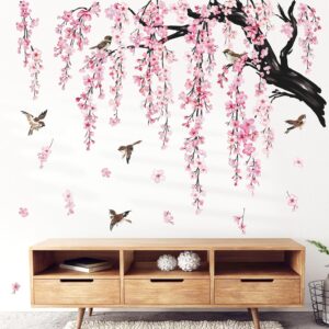 Large Flower Tree Branch Wall Stickers Pink Cherry Blossom Floral Birds Wall Art Decals for Living Room Bedroom TV Wall (150cm*143cm)