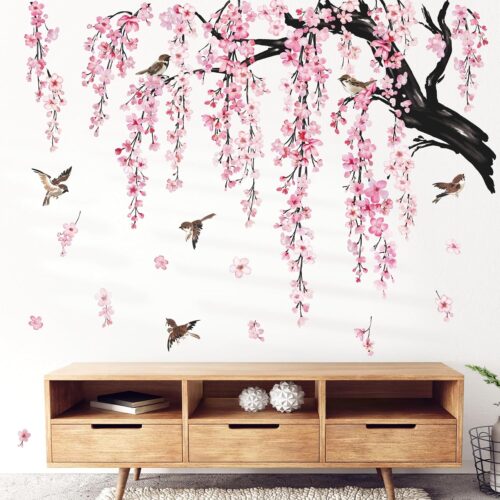 1 Large Flower Tree Branch Wall Stickers Pink Cherry Blossom Floral Birds Wall Art Decals for Living Room Bedroom TV Wall (150cm*143cm)