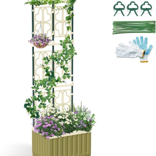 1 5.1Ft Tall Planter Box with Trellis,Self-Watering Tomato Planter Raised Garden Bed with Lockable Wheels & Drainage Hole for Outdoor Plants Tomato Flower Vegetable Herb Vine