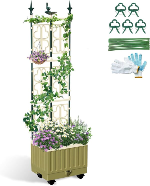 5.1Ft Tall Planter Box with Trellis,Self-Watering Tomato Planter Raised Garden Bed with Lockable Wheels & Drainage Hole for Outdoor Plants Tomato Flower Vegetable Herb Vine 1
