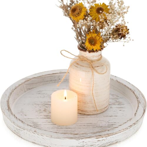 Rustic Wooden Tray Candle Holder - Round Wood Decorative Pillar Candle Tray for Coffee Table Farmhouse Kitchen Countertop Organizer Home Decor Wedding Centerpiece, Distressed White