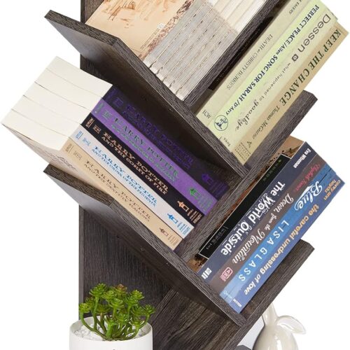 1 5-Shelf Tree Bookshelf, 5 Tier Floor Standing Bookcase for CDs/Magazine/Books, Small Book Organizer for Bedroom, Living Room, Office,Balcony,Retro Storage Shelve
