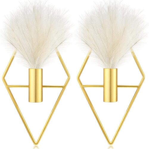 1 2 Pcs Boho Wall Decor Metal Gold Wall Art Hanging Planters with Artificial Pampas Modern Home Decor Display Art for Living Room Bedroom Bathroom(Rhombus)
