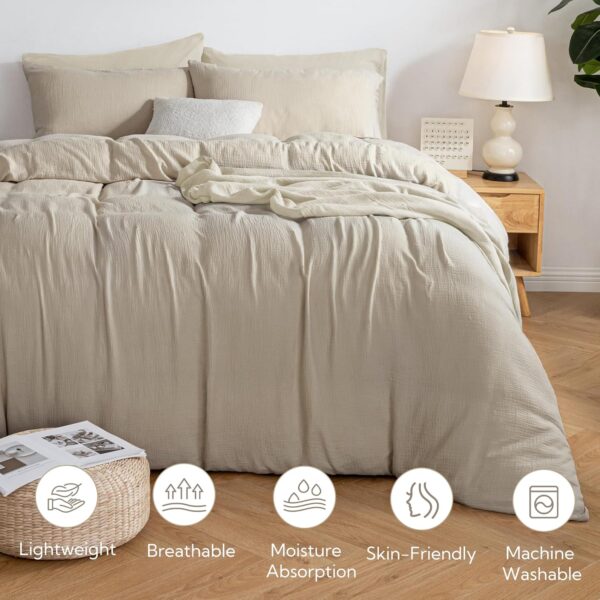 Muslin Duvet Cover Set 100% Cotton Double-Layer Linen Like Gauze Comforter Cover 3 Pieces Breathable & Lightweight for All Season 2