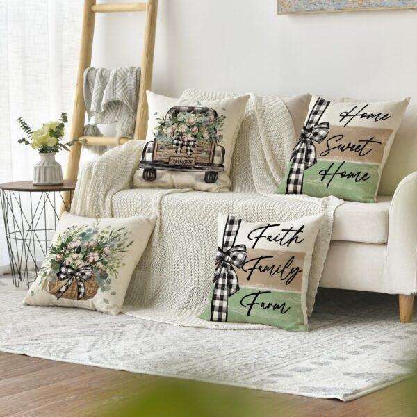 colorlife Home Sweet Home Farmhouse Eucalyptus Leaves Throw Pillow Covers, 18 x 18 Inch Truck Stripes Buffalo Plaid Cushion Case Decorations Set of 4 2