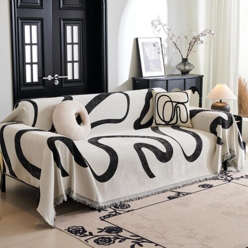 Couch Cover for 3 Cushion Couch Sofa Cover, Super Soft Boho Couch Covers for Dogs Washable, Jacquard Sofa Slipcover Furniture Protector for Living Room, 91" x 150", Black Curve