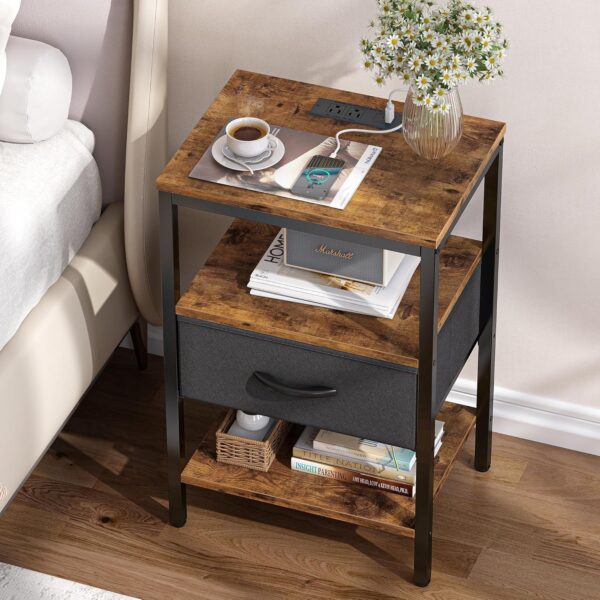 Nightstand with Charging Station, Bed Side Table with Adjustable Fabric Drawer, Night Stand for Bedroom, 3-Tier Storage End Table, for Living Room, Rustic Brown and Black 2