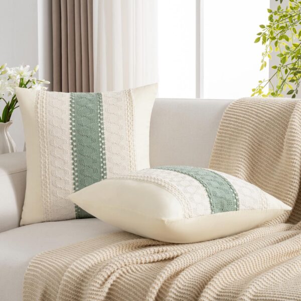 Sage Green Boho Cotton Couch Pillow Covers 18x18 Set of 2 Modern Farmhouse Rustic Throw Pillow Cases Cute Accent Macrame Woven Square Cushion Cases for Sofa Couch Bed Living Room Home Decor 2
