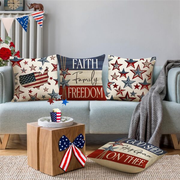 4th of July Pillow Covers 18x18 Set of 4 Faith Family Freedom Stars USA Flag Independence Day Decorations God Shed His Grace On Thee Memorial Day Patriotic Throw Cushion Case for Sofa Couch 3