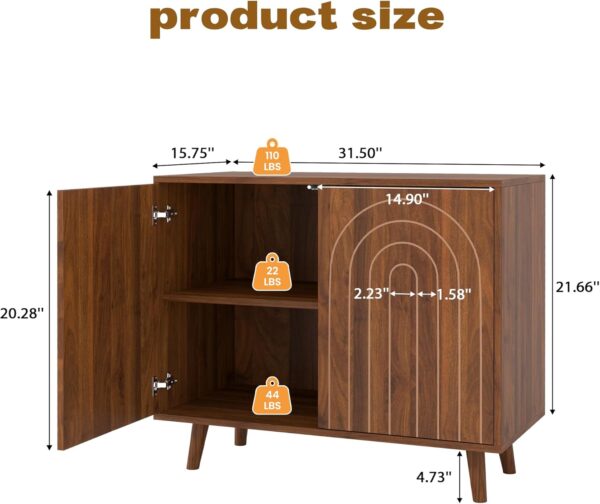 Accent Cabinet with Carving Lines, Modern Buffet Sideboard with Adjustable Shelves, Decorative Storage Cabinets for Bedroom Living Room Kitchen Office and Hallway (Walnut, 1) 2