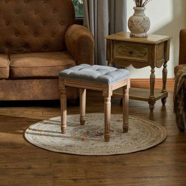 French Vintage Foot Stool with Rustic Wood Legs and Padded Seat, 18.5" High Memory Foam Upholstered Vanity Stool and Entryway Bench,Tufted Fabric Ottoman Stool for Bedroom Living Room, Gray 5