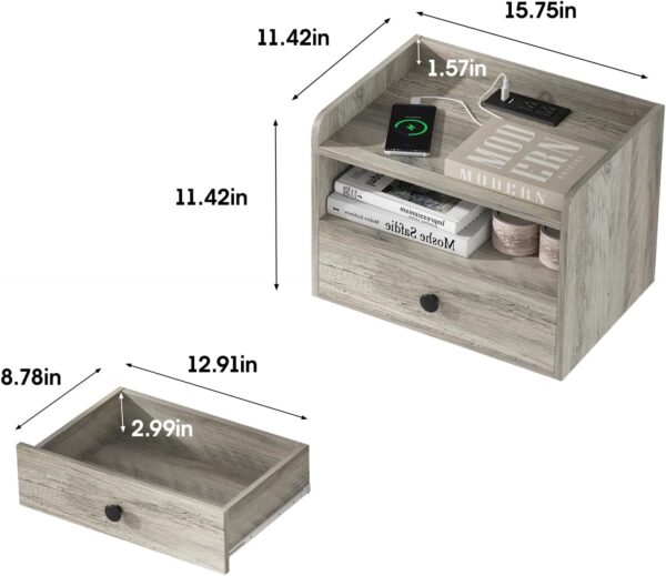 Floating Nightstand Set of 2 Modern Night Stands with Drawer and Open Shelf Cubby Small Bedside End Table with Charging Station Wall Mounted Nightstands Set 2 for Bedroom Grey 3