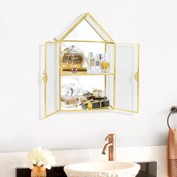 Wall Glass Cabinet Display for Perfume, Small Glass Display Curio Cabinets with Doors Wall Mounted, 2 Tiered Small Gold Curio Cabinet with Mirror Cosmetics Perfumes Storage for Bathroom 3