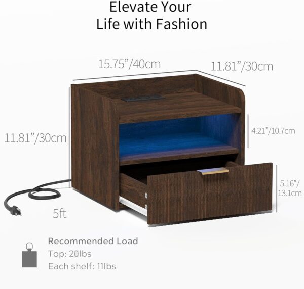 Floating Nightstand with Charging Station and LED Lights (Walnut Brown) 3