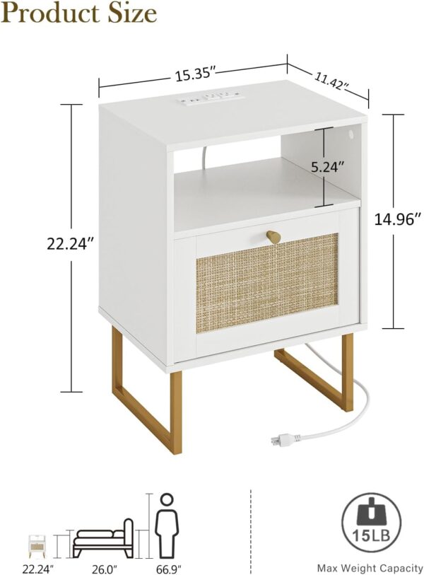 Nightstand with Charging Station,Modern Boho Farmhouse Wood Bedside Table with Storage Drawer and Open Shelf,Small Gold Frame Side End Table for Bedroom,Living Room,Office White 5