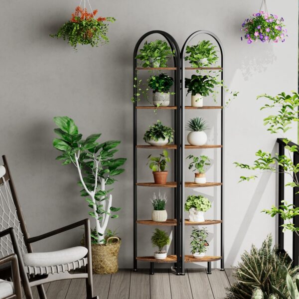 6-Tier Arched Corner Shelf Stand, Wall Corner Bookshelf with Metal Frame, Plant Stand, Industrial Storage Rack Shelf for Living Room, Bedroom, Office, Bathroom, Rustic Brown and Black 5