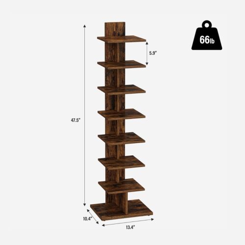 2 TUTOTAK Vertical Bookshelf, 8-Tier Bookcase, Narrow Spine Book Shelf for Small Space, Corner Standing Shelf for Living Room, Office, Study, Entryway, Rustic Brown BS06BB008