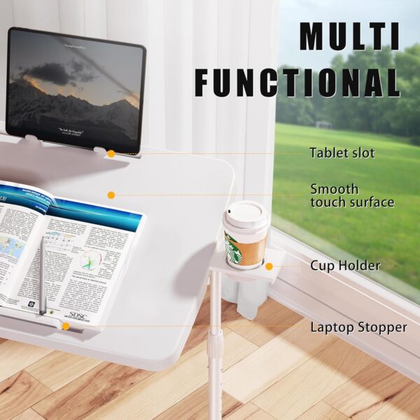 Allpop Ultra TV Tray Table, TV Dinner Tray for Eating, Adjustable Folding Tray Table with Book Stand, Cup Holder, Laptop Stopper & Tablet Slot on Coach & Bed, White 5