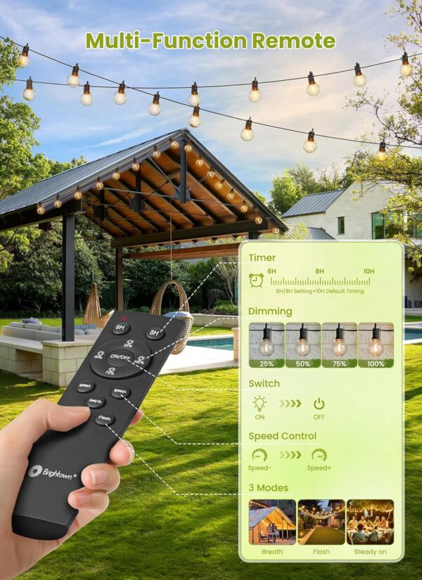 Brightown 58FT Solar String Lights Outdoor with Remote Cable Ties and Hooks, Commercial Grade Patio Lights with 26 LED Shatterproof Bulbs, 3 Light Modes Hanging Light for Backyard Party Decor 5
