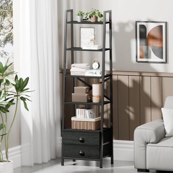 5-Tier Ladder Shelf with 2 Drawers,Narrow Bookshelf Storage Shelves,Industrial Bookcase Freestanding Rack Units for Bedroom,Living Room,Bathroom,Home Office,Balcony,Wood Metal, Black Oak 5