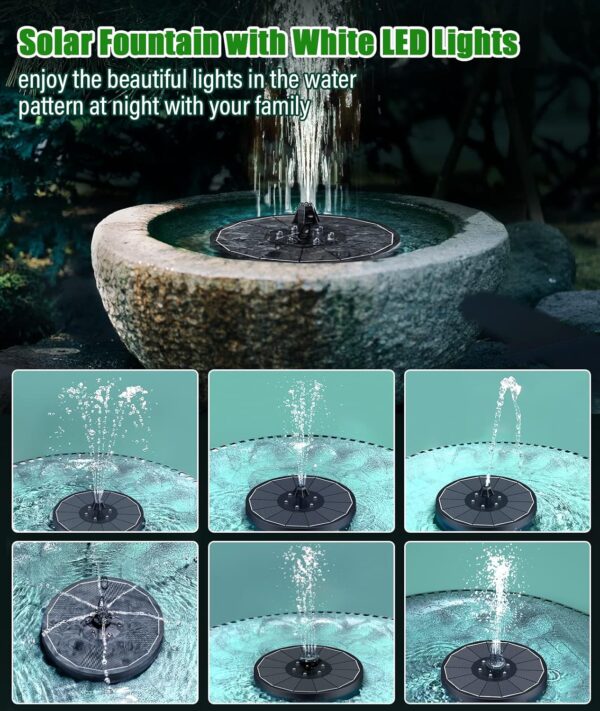 Solar Water Fountain Upgraded 100% Glass Panel, 3.5W Solar Powered Fountains Built-in 2000 Battery with 7 Nozzle & 4 Fixer, Solar Fountain Pump for Bird Baths, Pond, Outdoor (White) 4