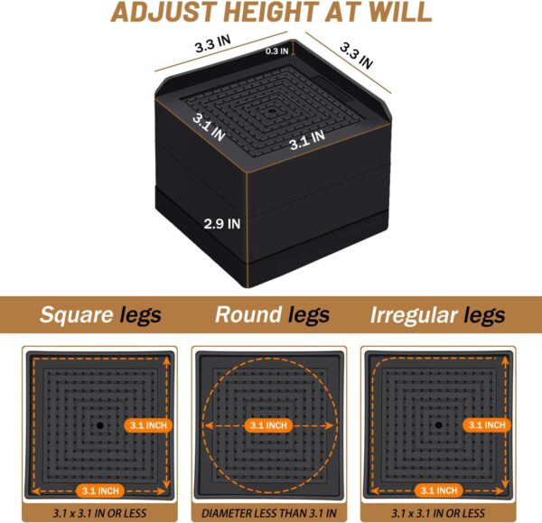 Heavy Duty Furniture Risers 3 Inch Elevator for Sofa Table and Desk, Couch Lifts Risers Elevation in Heights 1.5 or 3 Inch,Support Up to 1,300 Lbs(4 Pack,Black) 5 heavy duty furniture risers
