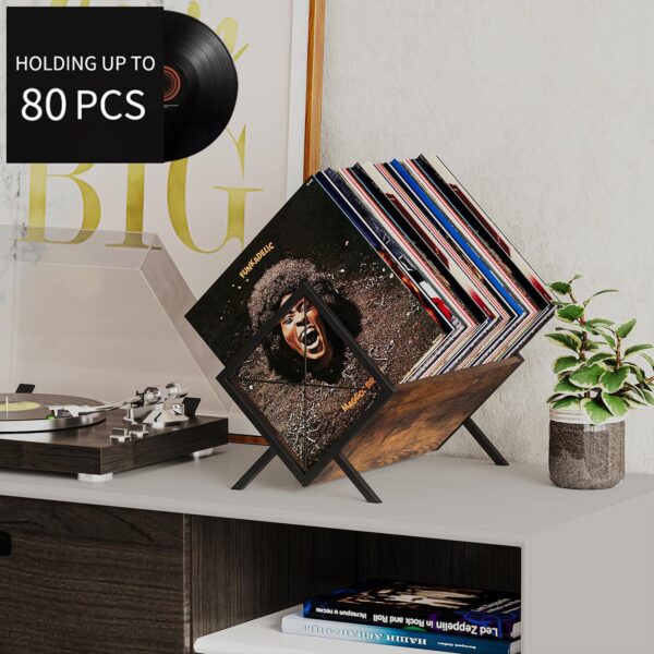 Vinyl Record Holder, 80-100 LP Vinyl Record Storage Rack, Quick Assembly Vinyl Record Display, Retro Style Organizer for Magazine, Book, Files, Albums (Rustic Brown, 1 Tier) 2