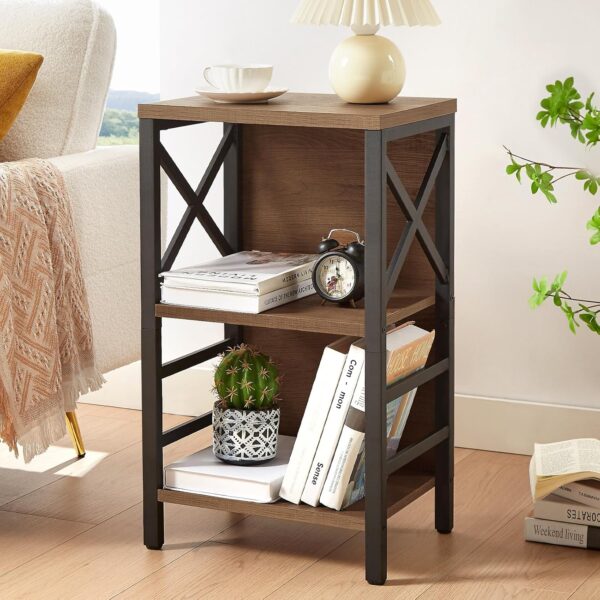 Small Bookcase,3 Tier Industrial Bookshelf with Metal Frame and Backboard,Low Rustic Brown Book Shelf,Book case for Small Spaces,Living Room,Bedroom and Home Office 2