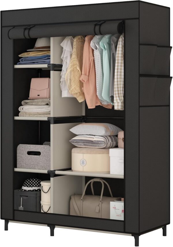 Portable Closet Organizers, Clothing Storage, Wardrobe with 6 Shelves and Hanging Rod, Non-Woven Fabric Cover with 4 Side Pockets, Black 2