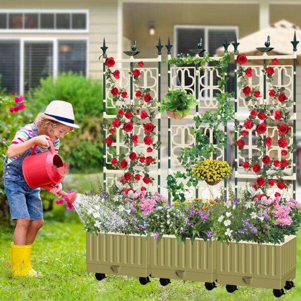 5.1Ft Tall Planter Box with Trellis,Self-Watering Tomato Planter Raised Garden Bed with Lockable Wheels & Drainage Hole for Outdoor Plants Tomato Flower Vegetable Herb Vine 2