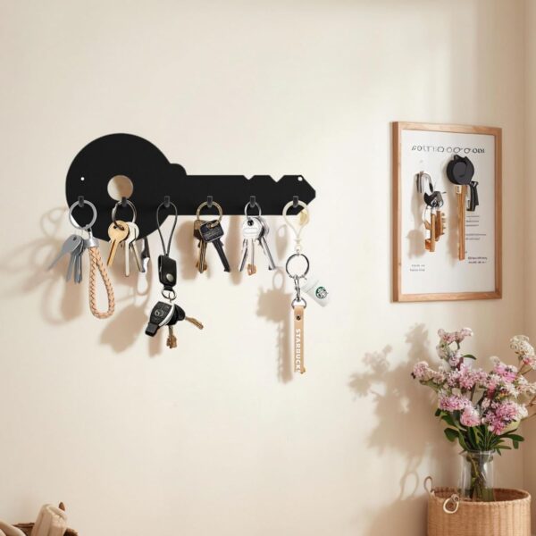 Sturdy Metal Key Holder with 6 Hooks, Key Hanger for Wall Decorative, Durable & Stylish Key Rack, Wall-Mounted Key Hooks Organizer for Entryway, Kitchen, Office, Hallway (1 Pack, Black) 3
