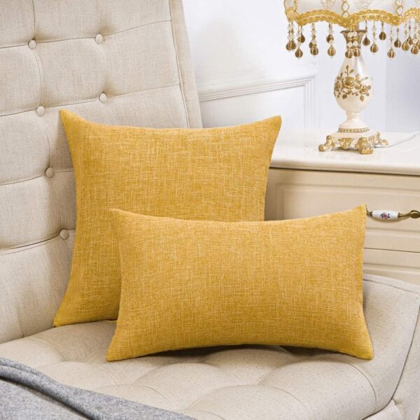 Set of 2 Mustard Yellow Pillow Covers 18x18 Inch Rustic Linen Decorative Square Throw Pillow Covers for Sofa Couch Decoration 3